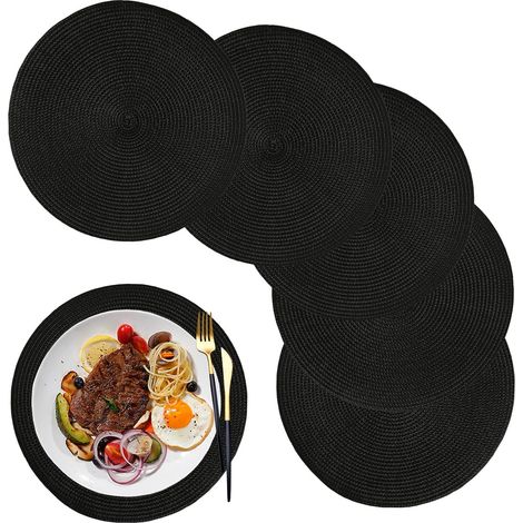 (Noir)Set de Table Lot de 6,Set de Table Rond Plastique Polypropylène Lavables pour la Cuisine, la Table à Manger, Les fêtes, Les Mariages