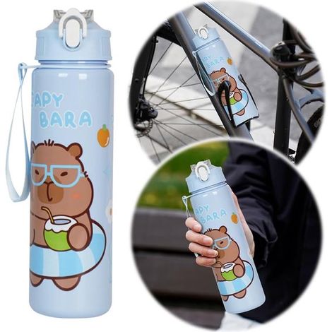 Botella de agua Capybara de 700 ml, Taza de viaje de gran capacidad, Vaso para beber con motivo de capibara, Con pajita y asa, Verde claro (1/5)