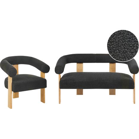 Conjunto de sala de estar retro sofá 2 plazas sillón tapizado de bouclé patas de madera negro y marrón claro Ilbro