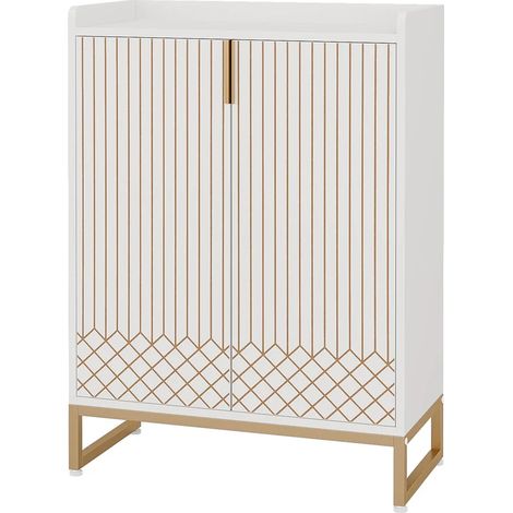 Zapatero de 5 niveles blanco y dorado con 2 puertas de madera y metal (1/5)