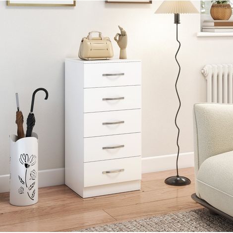 Cómoda 40x35x85 cm blanca de madera con 5 cajones y diseño estrecho (1/5)