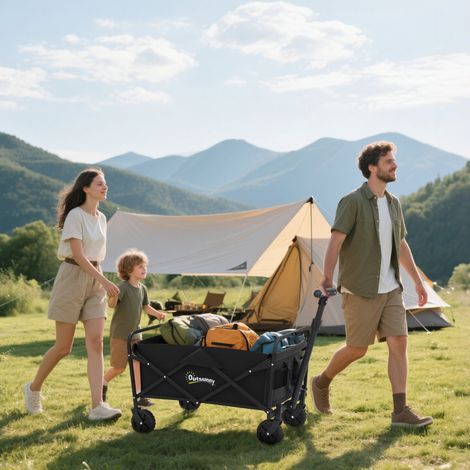 Chariot de jardin pliable à roulettes, poignée télescopique réglable, capacité de charge de 120 kg, idéal pour le camping et les courses, 64 x 42 x 27 cm, noir