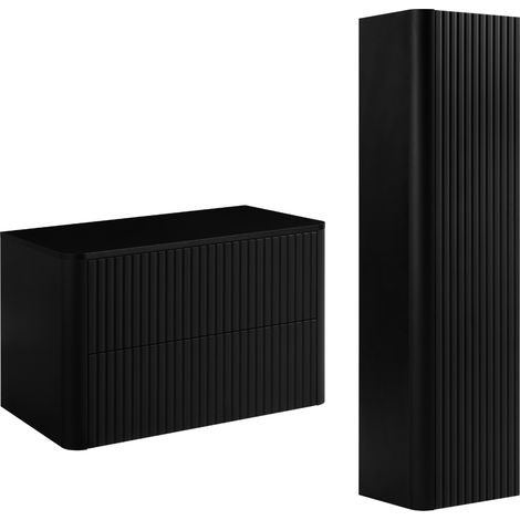 Set di mobili da bagno, 2 cassetti, chiusura ammortizzata, Nero, 80,8 x 44,2 x 48,4 cm (1/5)