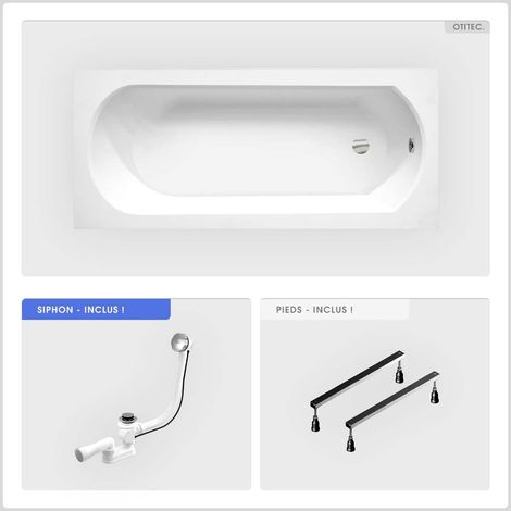 Baignoire rectangulaire - 160 x 75 cm - sans Habillage - avec Pieds - Vidage Chrome - INTRICA