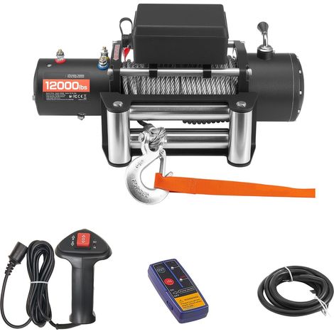 Treuil Électrique 5400 kg, 12V DC, Câble Acier Ø9,1 mm x 24 m, Commande Sans Fil et Filaire, Étanche IP55 pour Remorquage 4x4, SUV, Bateau (1/5)