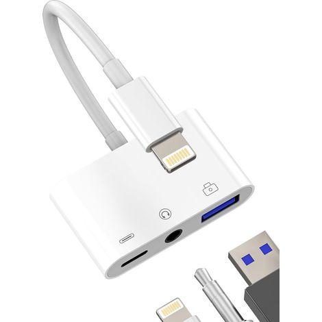 Adaptateur Lightning USB Casque Charge (3 en 1) Pour iPhone 14/13/12/11 Pro Câble OTG Clavier Clé 3,5 mm Audio Téléphone Appareil Photo Carte Lecteur Souris (1/5)