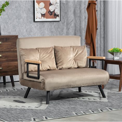Divano letto pieghevole 2 posti in effetto velluto, schienale 5 posizioni, marrone chiaro, OKWISH (1/5)
