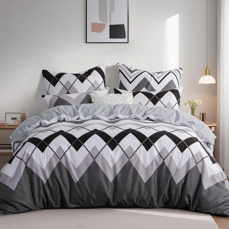 Parure de lit 200x200 3 pièces, Housse de couette Chevron 200x200cm avec 2 taies d'oreiller 80x80 cm, Parure de lit en microfibre géométrique, Housse de couette sans repassage avec (1/5)