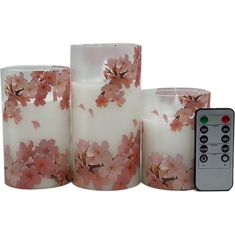 Bougies en verre sans flamme à effet vacillant, avec télécommande et minuterie, en cire véritable, fournies avec une LED à piles en forme de fleur de cerisier et 3 cylindres lumineux réalistes. (1/4)