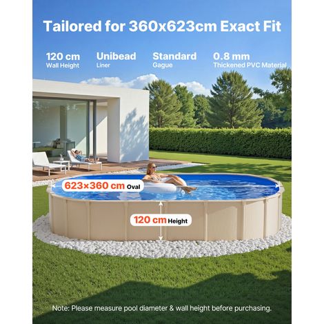 Liner Piscine Hors-Sol Ovale 360x623 cm Hauteur Paroi 120 cm Film Intérieur de Piscine Épaisseur 0,8 mm pour Rénovation et Étanchéi… (1/5)
