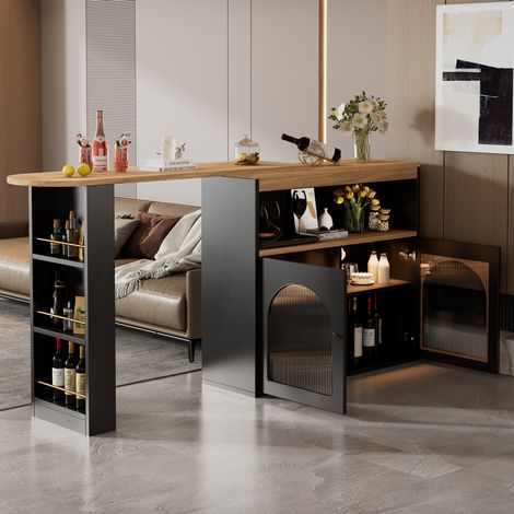 Tavolo bar estensibile 138-193 x 39 x 105 cm con LED e vano contenitore nero DESVIAE (1/5)