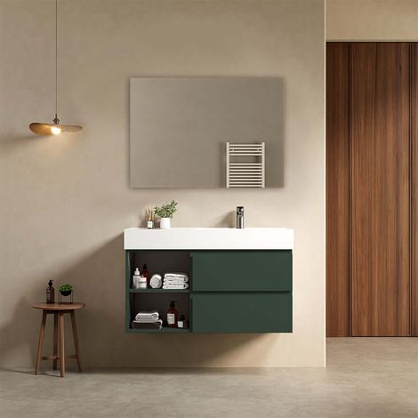 Mobile bagno sospeso 100 cm Verde Comodoro Lavabo a Destra in Resina Specchio Quadro - Fiji Paint Plus
