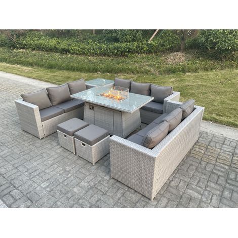 Fimous Polyrattan Gartenmöbel Set im Freien Gas Feuertisch Sofa Sets mit Beistelltisch 2 Kleiner Hocker Helles Grau (1/5)