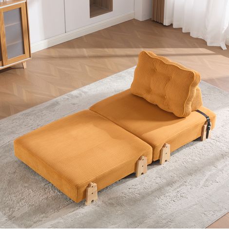 Poltrona letto 1 posto in velluto a coste arancione con gambe in legno DESVIAE (1/5)