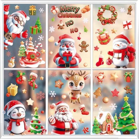 Décorations de Noël pour fenêtres, autocollants festifs avec le Père Noël, un bonhomme de neige, un renne, un pingouin et un bonhomme en pain d'épice pour décorer les vitres de votre maison pendant le (1/5)