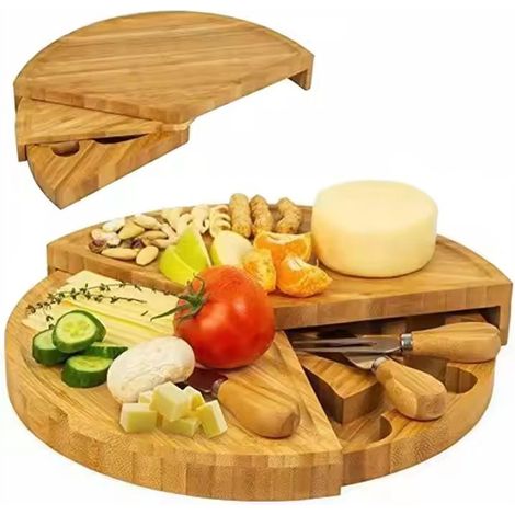 Plateau à fromage en bambou - Plateau à apéritifs - Plateau de service - Plateau à fromages - Plateau à fromages rotatif - Plateau à apéritifs rond - Comprend un couteau et une fourchette - Plateau à (1/5)