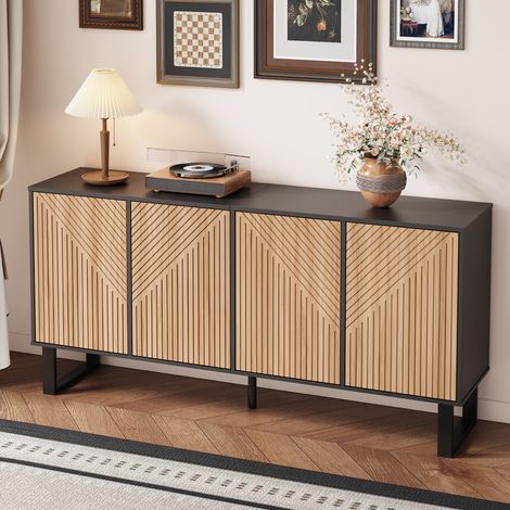 Mueble TV 160 x 38 x 75 cm con gran capacidad de almacenaje, negro y natural HAVRYA (1/5)