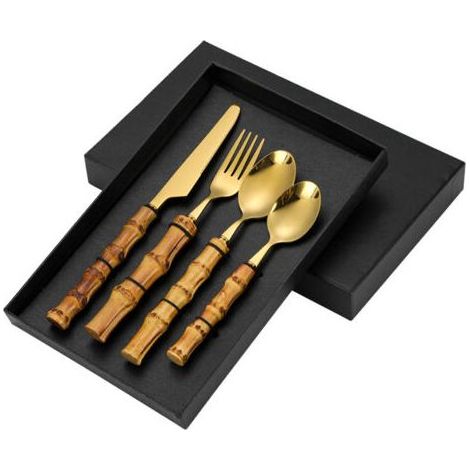 Ensemble d'ustensiles de cuisine occidentaux en acier inoxydable, couteau à steak occidental, fourchette et cuillère (ensemble de 4 pièces) (poignée en acier inoxydable/bambou, or (couleur)) (1/4)