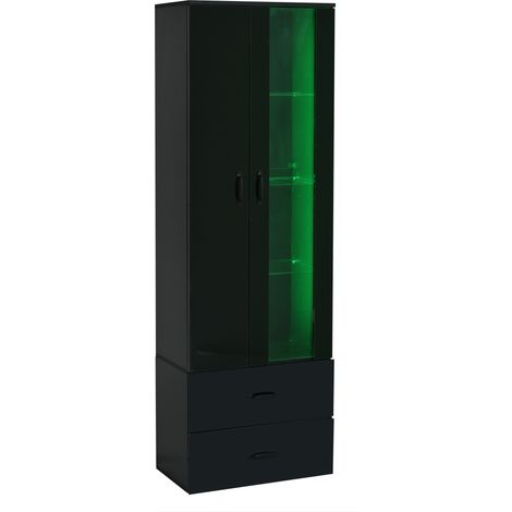Vitrine LED noire à deux portes, armoire vitrine avec deux tiroirs, meuble vitrine étroit 59,5 x 35 x 182 cm (1/5)
