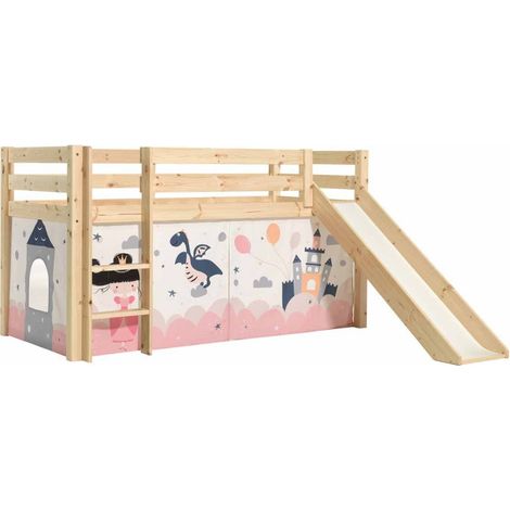 Lit Enfant Surélevé Avec Toboggan "Pino Princesse Sophie" 90x200cm Naturel (1/2)