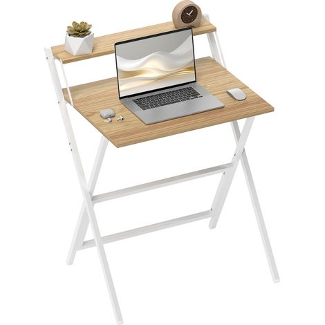 70 cm Folding Computer Desk with Monitor Shelf - Natural Wood Finish (1/5)