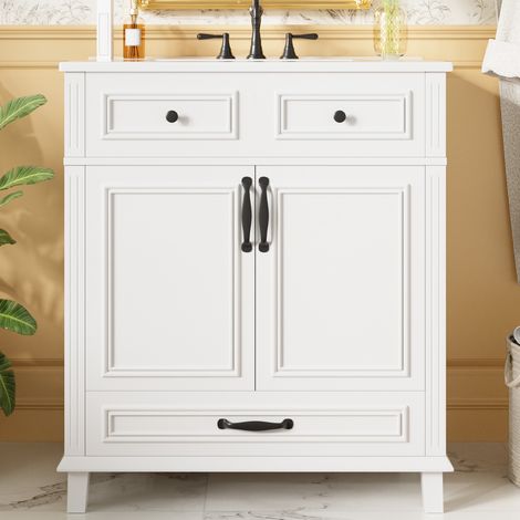 Meuble avec vasque simple avec Vasque Céramique - 9 Compartiments de Rangement, Portes Soft-Close - Finition Écologique - Meuble de salle de bain sur pied, Blanc