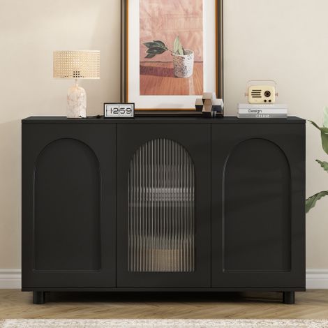Ce buffet noir en forme de U affiche un style élégant et minimaliste  doté de portes vitrées et de mécanismes d'ouverture par simple pression, c'est un choix idéal pour les cuisines, les salons ou les (1/4)
