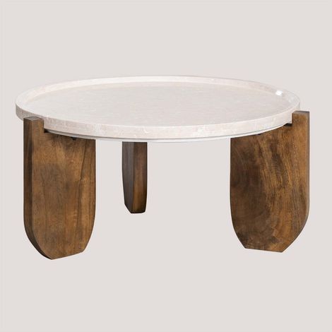Sklum – Table basse ronde Ø80 cm en marbre et bois de manguier – Élégance et robustesse – Parfaite pour espaces modernes