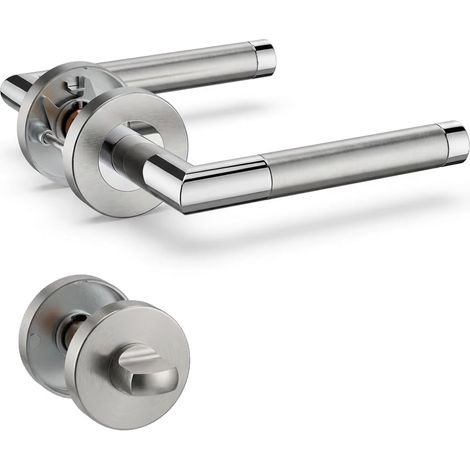 1 lot de poignées de porte à levier en acier inoxydable avec bouton de salle de bain, poignée de serrure de porte à mortaise, bicolore (SO2-103BK-D) (1/5)
