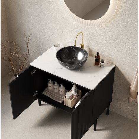 Mueble de baño con lavabo 76 cm, negro, doble puerta con cierre suave HAVRYA (1/5)