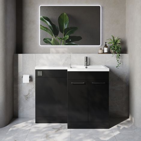 Napoli 460 Matt Black 1100mm 2 Door Vanity Unit Toilet Suite with Right Hand Square Lucia Basin - 1100mm - Gunmetal Grey 160mm HandleWithout Kingston Toilet Pan
