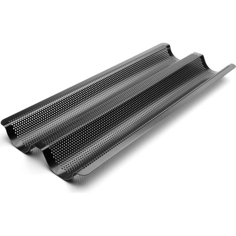 Baguette Pan - 38.7 x 15.9 x 2.5 cm - Acier Noir Antiadhésif - Pour 2 Baguettes - Perforé - 1 Pièce (1/5)