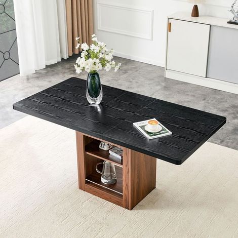 Table à manger - WESTYLE - 130-160 cm - Extensible - Plateau aspect bois noir - Piètement noyer, rangement intégré (1/5)