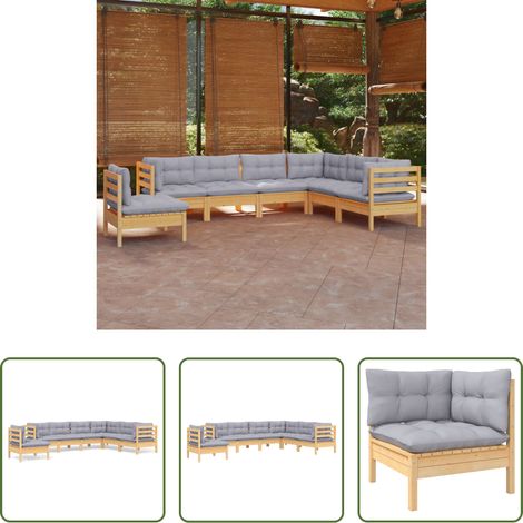Terrassensofa - 7-tlg. Garten-Lounge-Set mit Grauen Kissen Kiefer Massivholz (1/5)