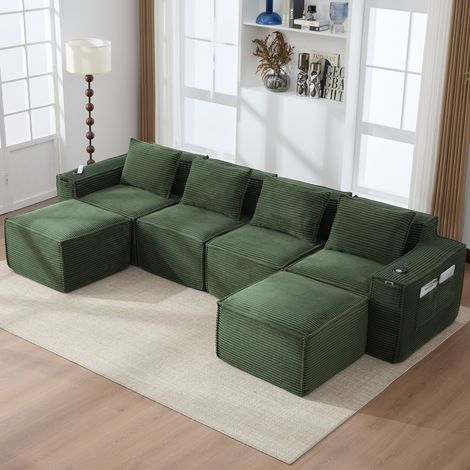 Modulares 4-Sitzer-Sofa 330x162x75 cm grün aus Kord mit 2 Hockern, Getränkehaltern und Seitentaschen (1/5)