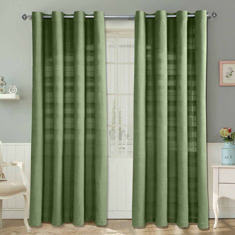 HOMESCAPES Cotton Rajput Ribbed Dark Olive Curtain Pair, 66 x 72"