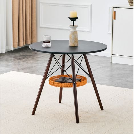 Table ronde in legno massello e MDF noce e nero, diametro 80 cm con cestino portaoggetti (1/5)