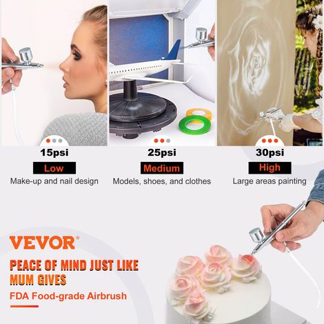 Compresseur Aérographe Professionnel Kit Aérographe Complet Double Action Pistolet Aérographe 0,2/0,3/0,5 mm Pression d'Air Réglable pour Décoration Pâtisserie Tatouage Ongle Maquillage Peinture (1/5)