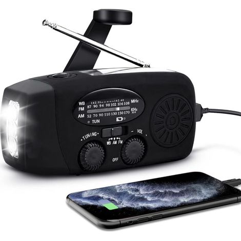 – Radio solaire portable AM/FM/NOAA – Manivelle et batterie – Chargeur 2000 mAh – Résistance à l'eau IPX3 – Lampe LED 60 lumens - 3-LED (1/5)