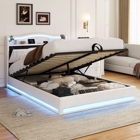 Cama con almacenamiento 160x200 cm con LED - Cama doble 160x200 cm - Cama para 2 personas - Cama acolchada - Cofre de almacenamiento - Terciopelo beige (1/5)