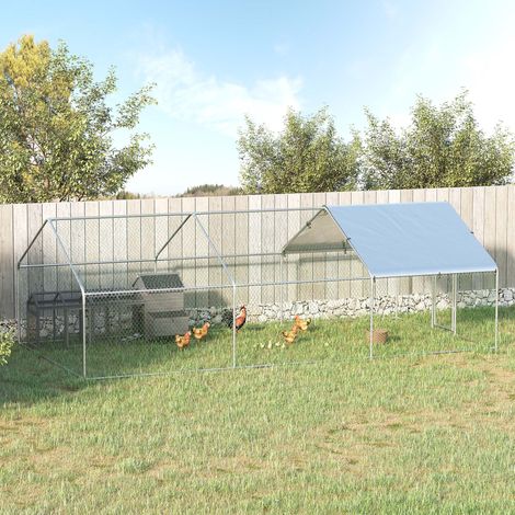 Poulailler Extérieur Métal avec Toit Oxford Imperméable, 600x303.5x195 cm, Argenté, pour Élevage de Poules en Plein Air, Grande Volière Robust (1/5)