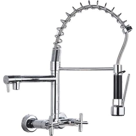 Rubinetto da cucina a parete, a doppia maniglia, con doccetta estraibile, cromato con anello (1/2)