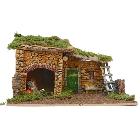 Capanna Presepe con Effetto Fuoco 46cm Effetto Pietra Muschio Verde Peraga Christmas