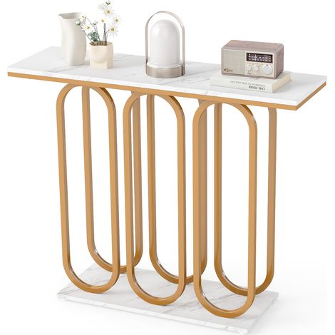 COSTWAY 100 CM Console Table Faux Marble Entryway Table-White (1/5)
