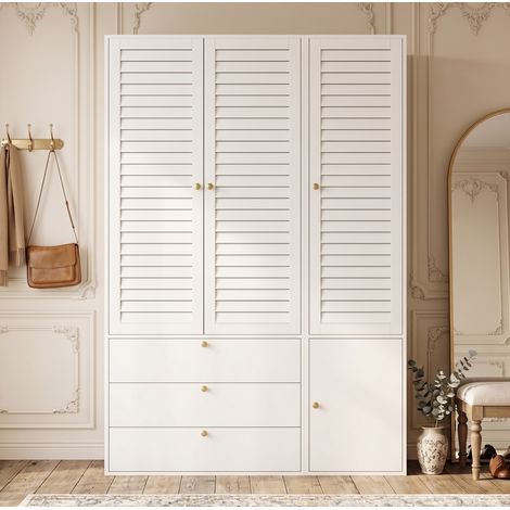 Armario de 3 puertas con lamas, 3 cajones, 2 barras y pantalonero blanco para dormitorio y oficina, 135 x 50 x 200 cm – CHICFURN, organización diaria elegante (1/5)
