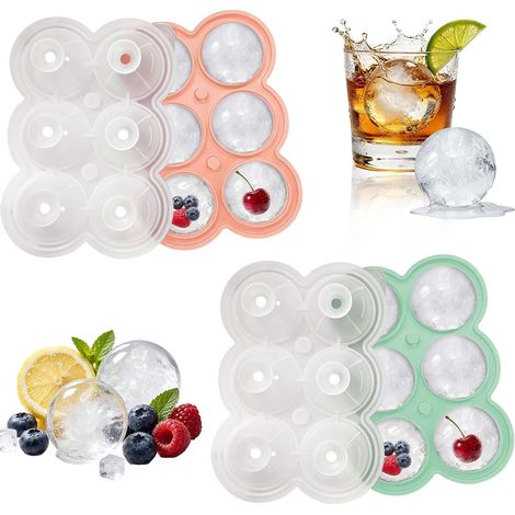 Ce moule à glaçons en silicone en deux parties permet de réaliser six boules de glace de 4,5 cm de diamètre. Convient pour les cocktails et autres boissons (vert et rose). (1/5)