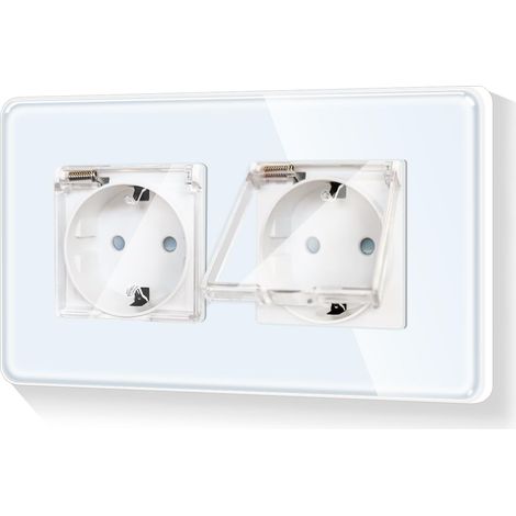 Double prise Schuko ronde avec couvercle - Cadre en verre - 2 prises - Pour cuisine et pièces humides - Avec bords incurvés - Couleur : blanc - 16 A - 110-250 V - 157 mm (1/5)