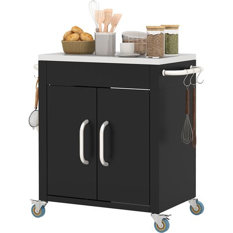Chariot de cuisine en acier inoxydable avec placard de rangement et 6 crochets, 86 x 50 x 86,5 cm, noir