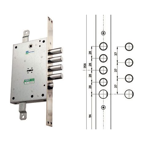 Serrure électrique pour porte blindée droite – Entraxe 37 mm – Cylindre Ø 20 mm – 4 pênes – Gâche ronde Ø 18 mm – Mottura