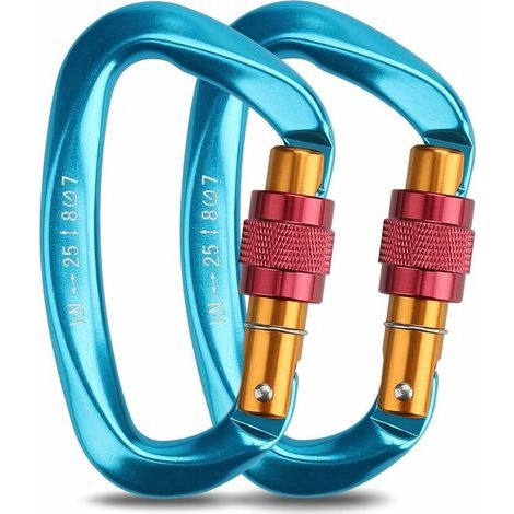 Mousquetons Escalade, 2pcs Mousqueton à Verrouillage Automatique Aluminium INOX D-Anneau Mousqueton pour l'escalade et Le Rappel, Chiens de Serrure,Hamac Balançoire, Tente, Grande Taille, Bleu
